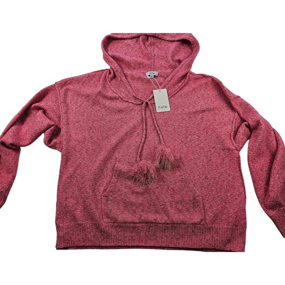 NWT Fate Pink Oversized Hooded Speckled Pull Over Pom Pom knit sweater M winter - Picture 4 of 8
